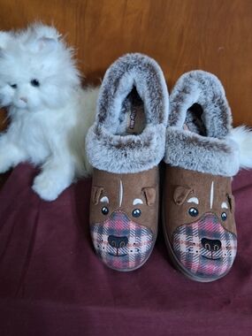 BOBS from Skechers Brown Plush Dog Face Slip-Ons with Plaid Toe Accents